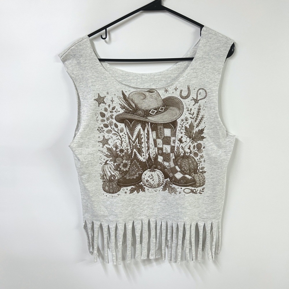 Western Cowgirl Fringe Muscle Tank Top Medium Heather Gray Coastal Cowgirl Boho